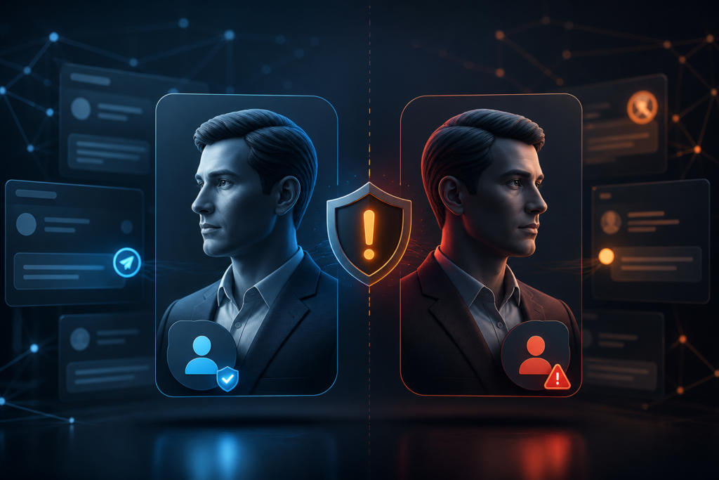 Identidade corporativa legítima comparada a uma tentativa de impersonation em canais digitais