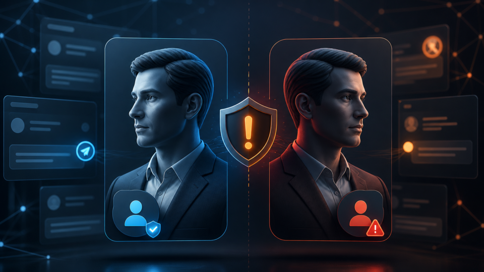 Identidade corporativa legítima comparada a uma tentativa de impersonation em canais digitais